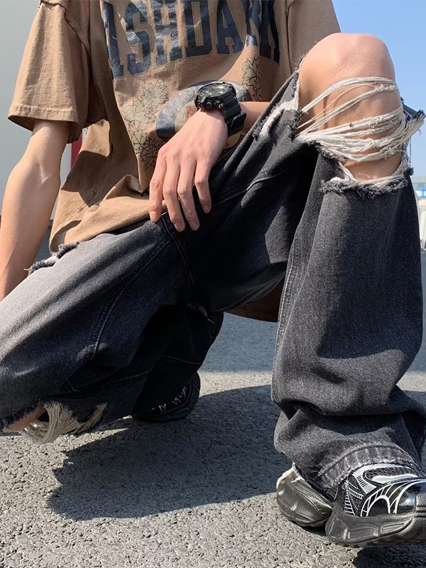Men's Vintage Washed Ripped Loose Jeans-2