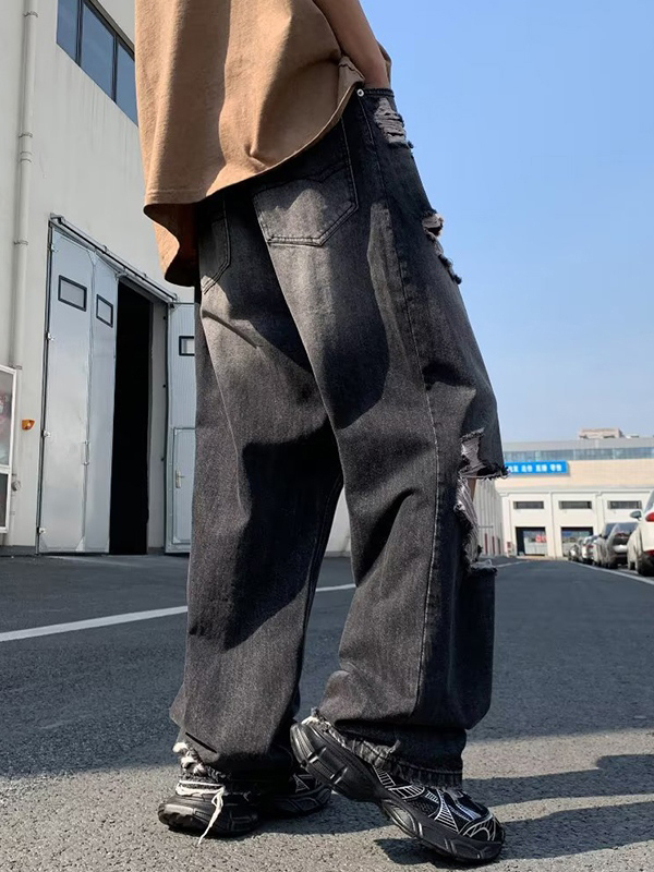 Men's Vintage Washed Ripped Loose Jeans-3