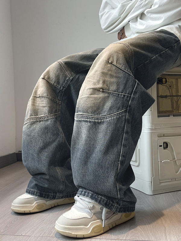 Men's Washed Distressed Ruched Loose Jeans-4