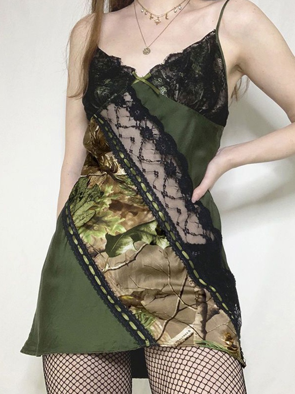 Irregular Print Lace Splice Tie Back Mini Dress-2