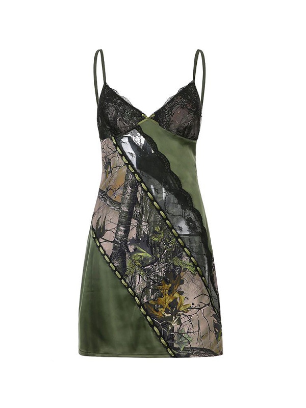 Irregular Print Lace Splice Tie Back Mini Dress-4