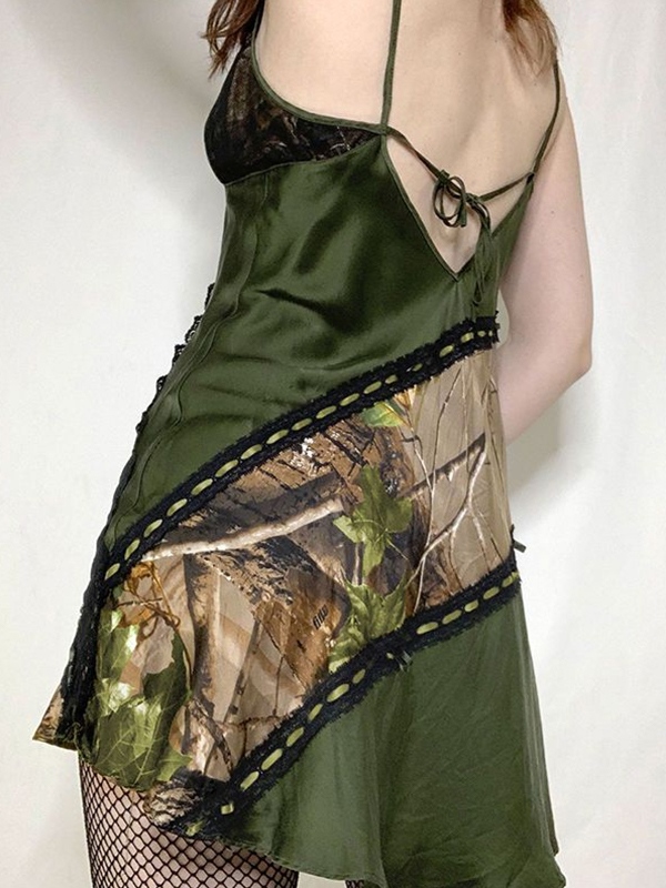 Irregular Print Lace Splice Tie Back Mini Dress-3