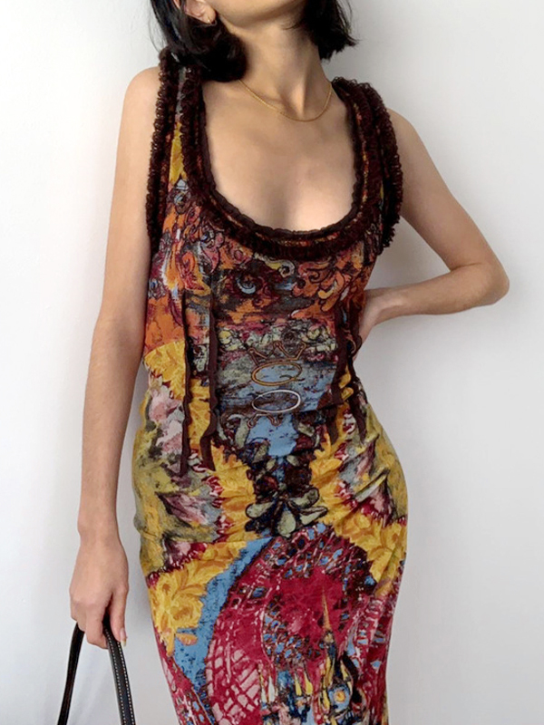 Vintage Random Print U Neck Backless Maxi Dress-3