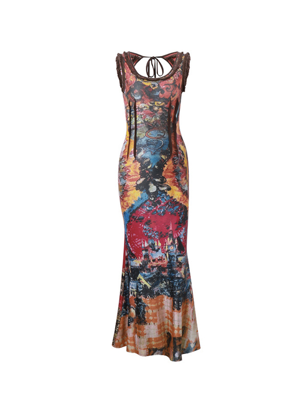 Vintage Random Print U Neck Backless Maxi Dress-5