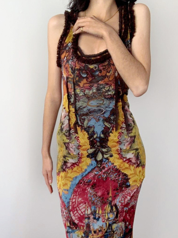 Vintage Random Print U Neck Backless Maxi Dress-1