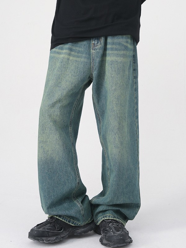 Men's Faded Vintage Denim Loose Jeans-1