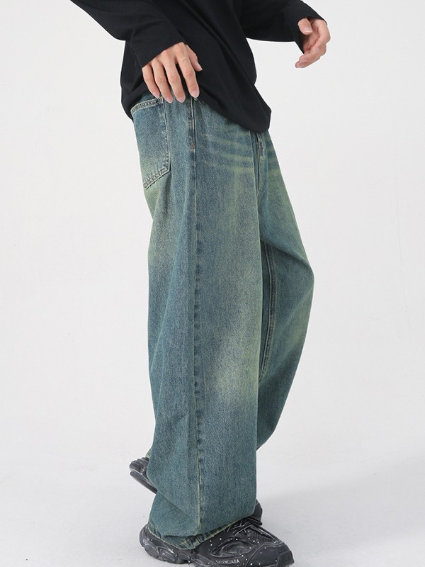 Men's Faded Vintage Denim Loose Jeans-2