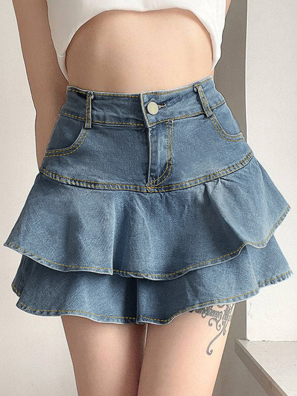 Vintage Peplum High Rise Tiered Denim Mini Skirt-2