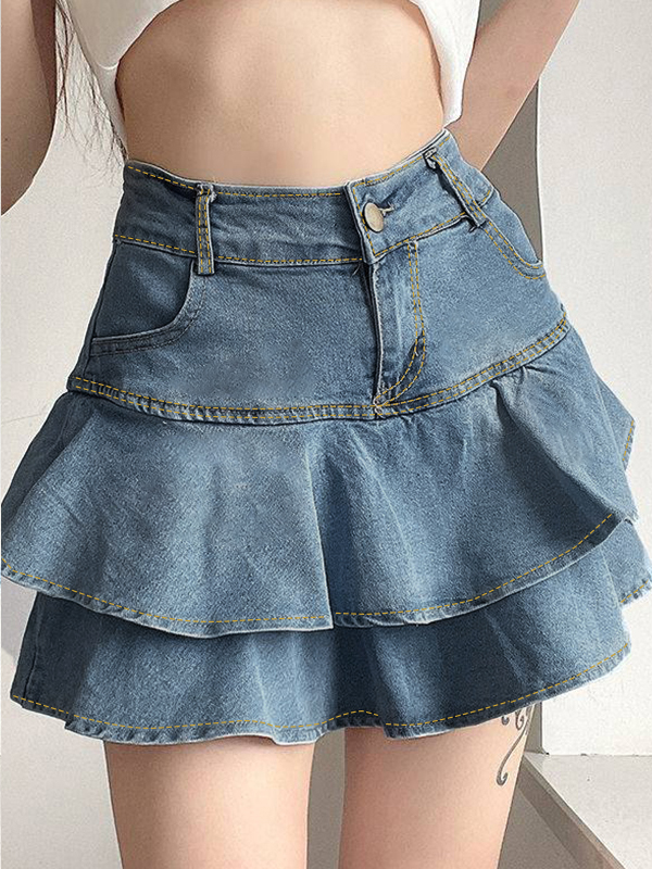 Vintage Peplum High Rise Tiered Denim Mini Skirt-3