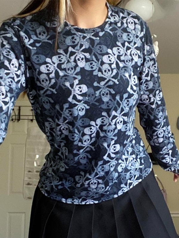 All Over Skull Print Long Sleeve Tee-2