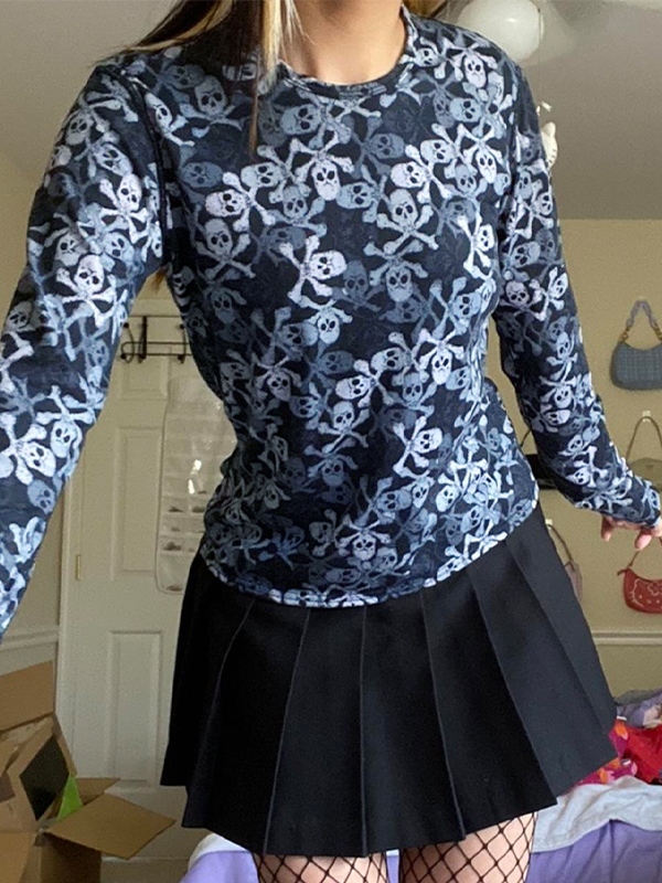 All Over Skull Print Long Sleeve Tee-3