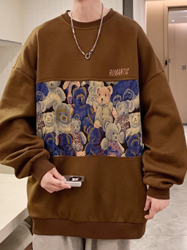 Men's Bear Print Splice Sweatshirt-2