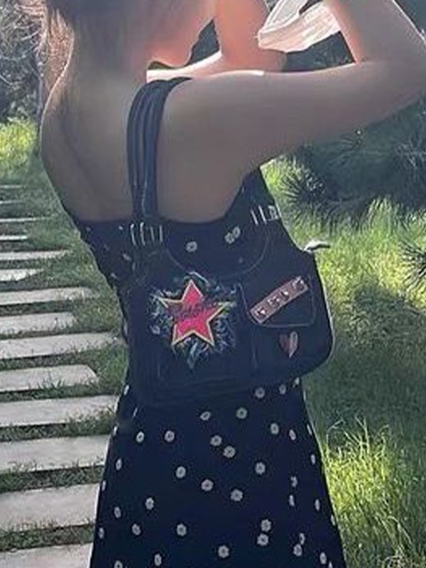 Star Patch Y2K Denim Shoulder Bag-4