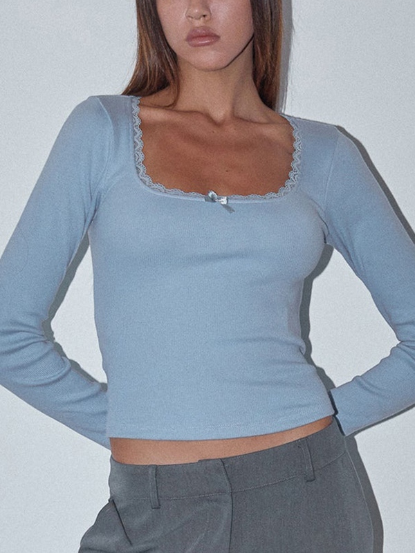 Solid Color U Neck Lace Trim Long Sleeve Knit-2