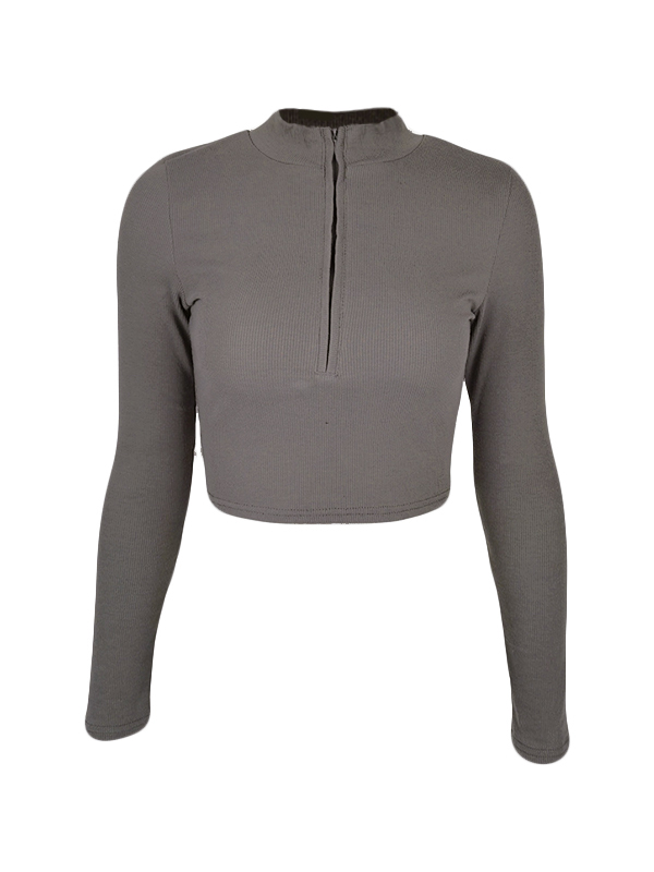 Solid Color Ribbed Zip Up Crop Long Sleeve Knit-4