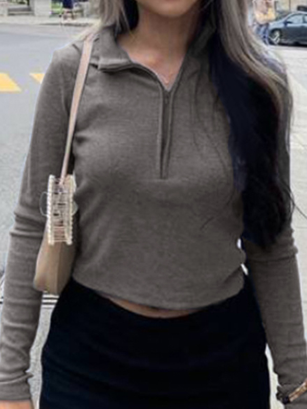 Solid Color Ribbed Zip Up Crop Long Sleeve Knit-3