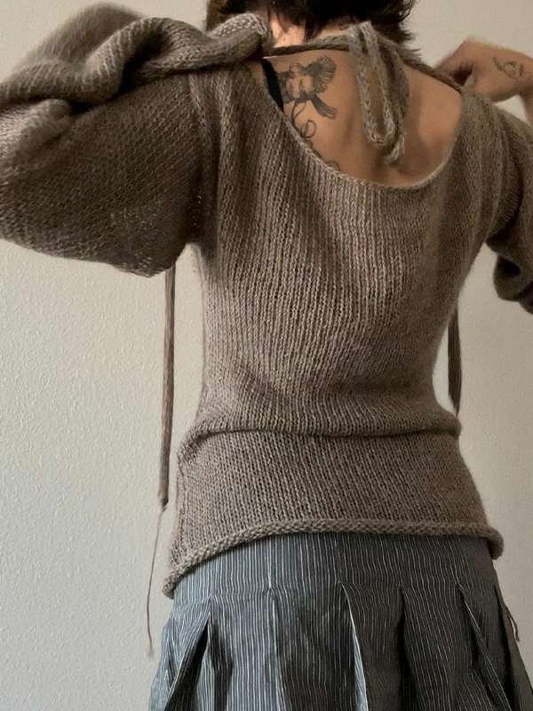 Solid Color Backless Lace Up Long Sleeve Knit-2