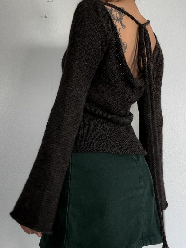 Solid Color Backless Lace Up Long Sleeve Knit-1