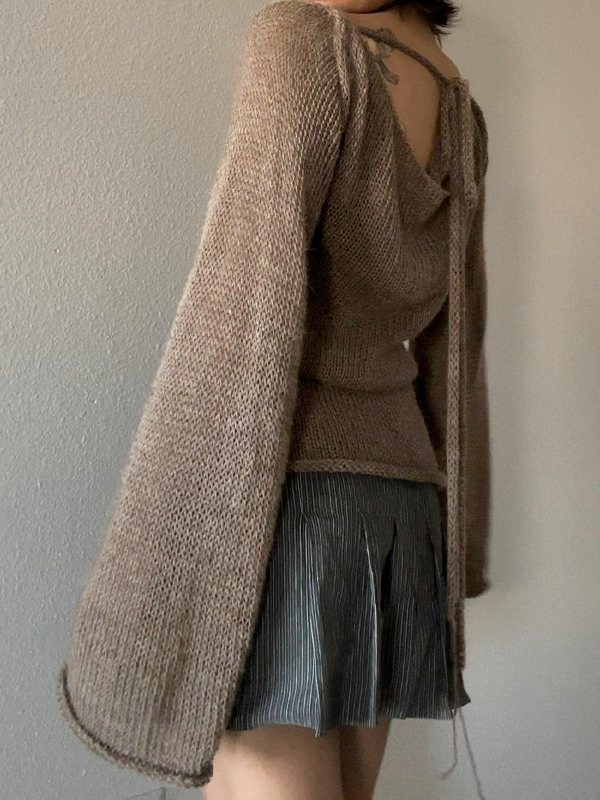 Contrast Color Cross Jacquard Rolled Design Long Sleeve Knit-3