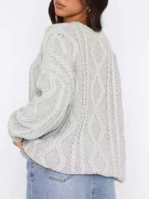 Solid Crew Neck Cable Knit Sweater-1